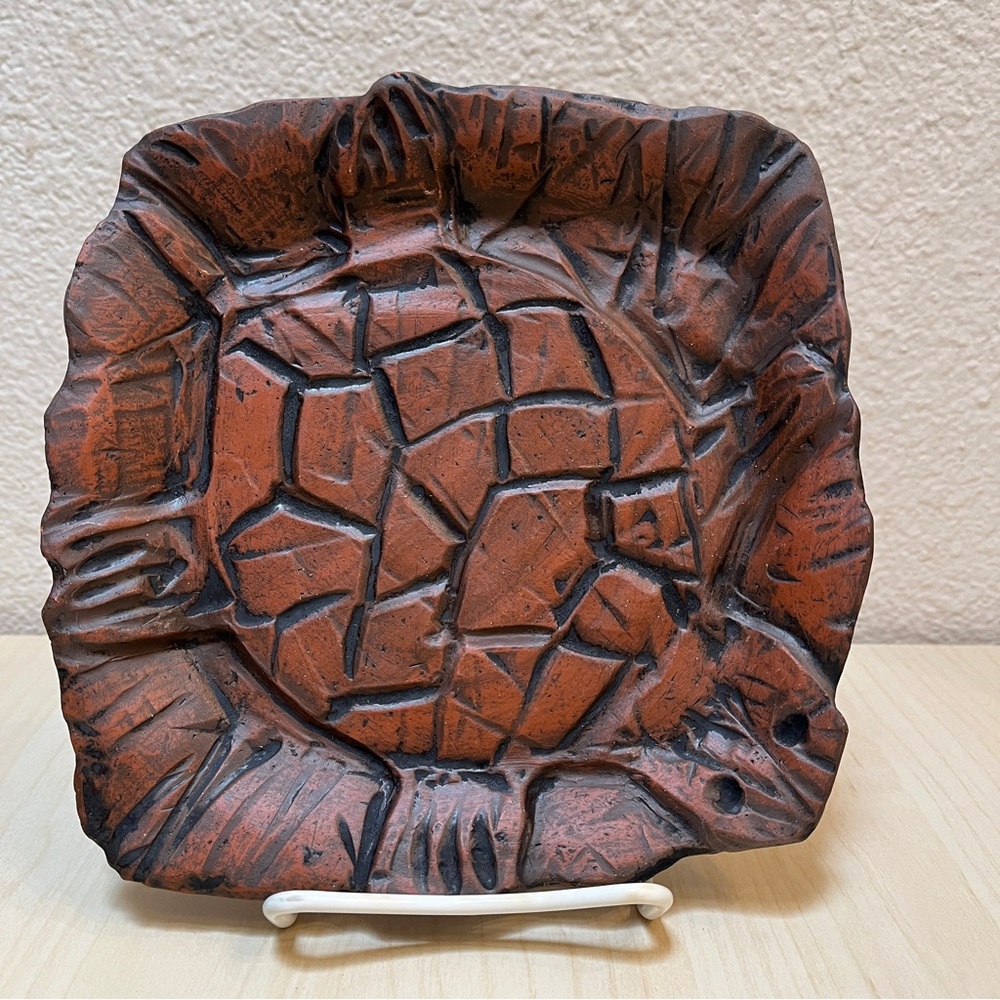 Square Ceramic Plate with Turtle Design in relief. Hand carved. Earthenware.